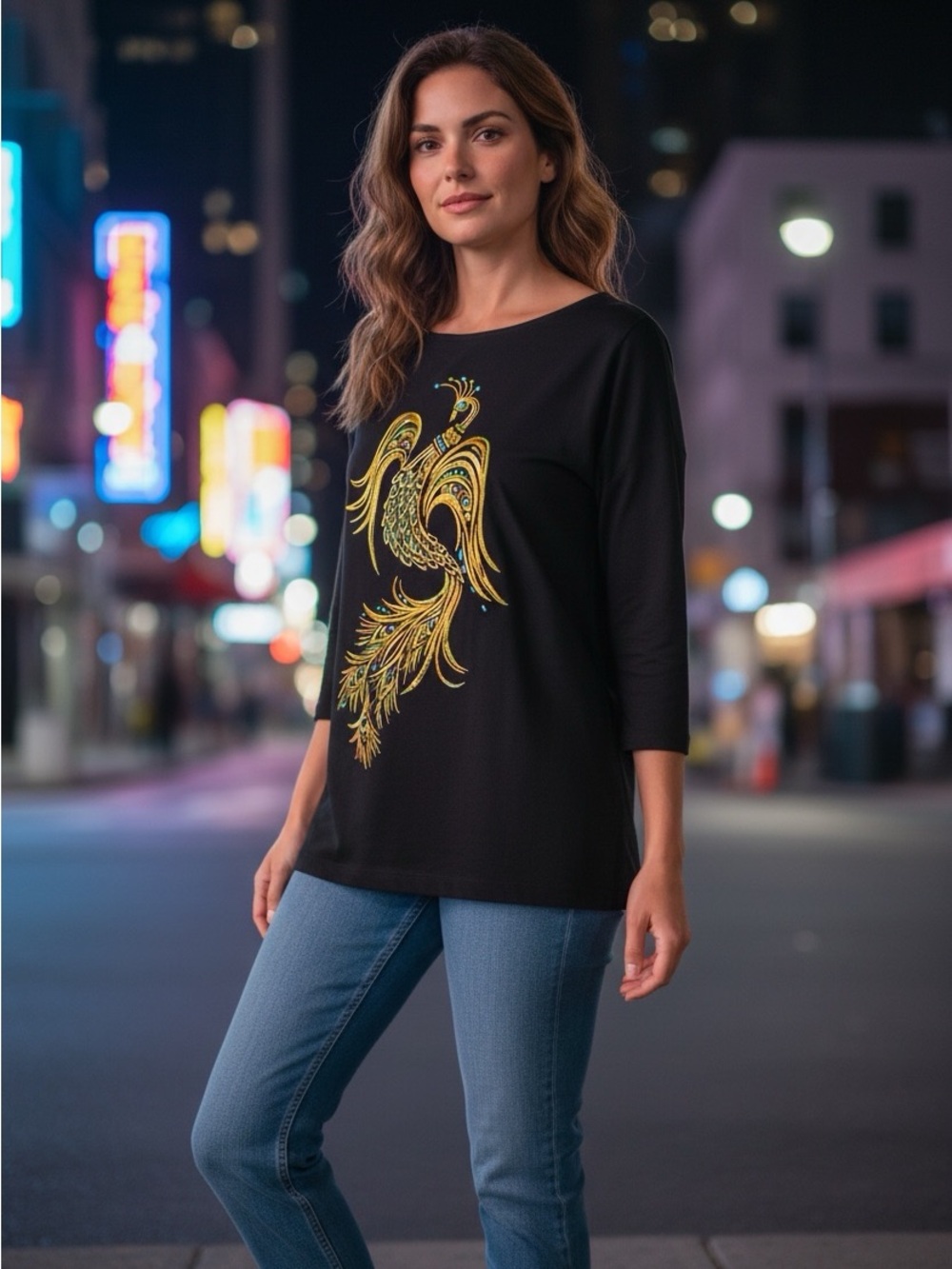 NWT Women’s 1X Bob Mackie Embroidered Rhinestone Peacock/Phoenix Pullover Top